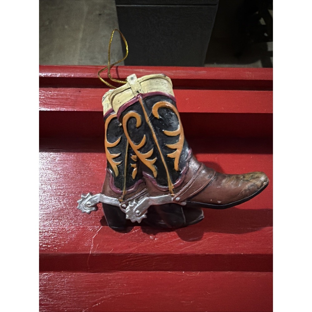 Cowboy Western Boot with Spur Hanging Ornament Brown Black Resin Decor